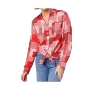 Joan Rivers Patchwork Plaid Cotton Tunic Shirt Red/Pink Size Medium Tab Sleeve